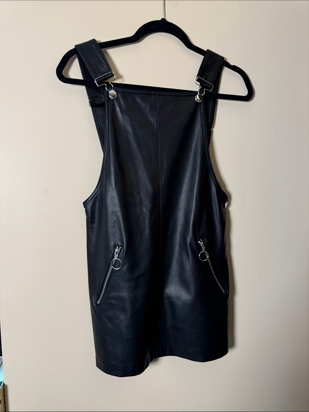 Forever 21 Black Faux Leather Mini Pinafore Dress